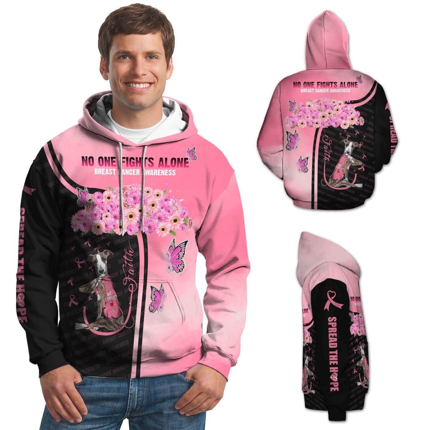 No One Fights Alone Greyhound Breast Cancer Survivor And People Showing Support All Over Print Unisex Hoodie