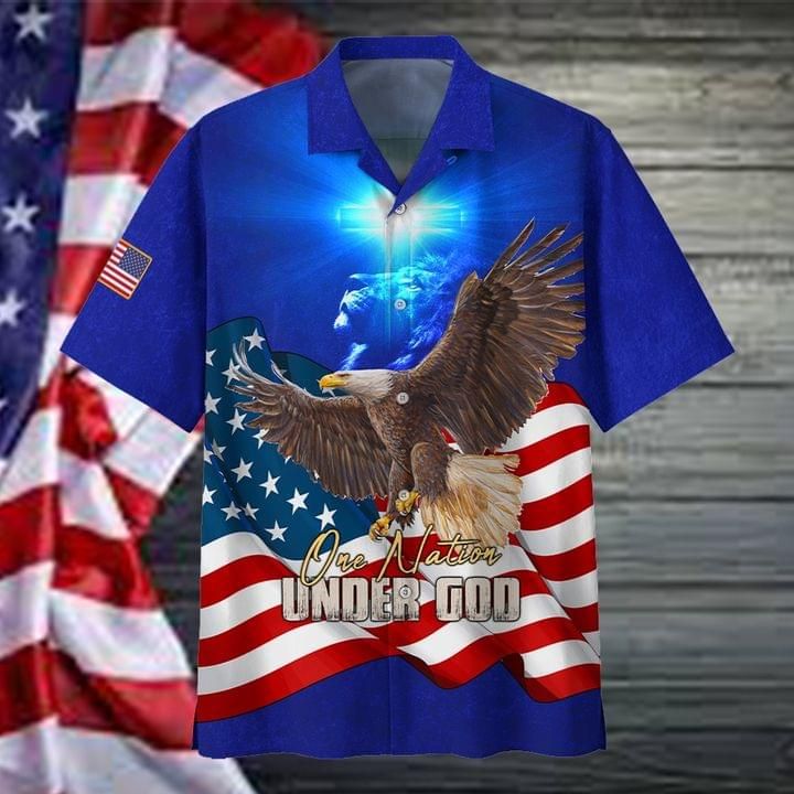 4th Of July One Nation Under God 1 Hawaiian Graphic Print Short Sleeve