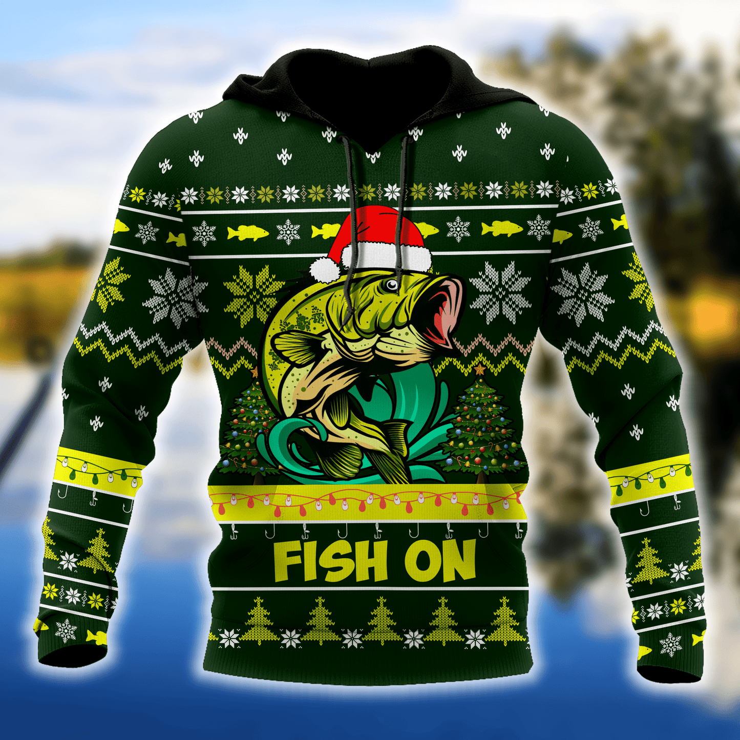 Fishing Gifts Bass Fishing Fish On Christmas Hat Unisex Hoodie