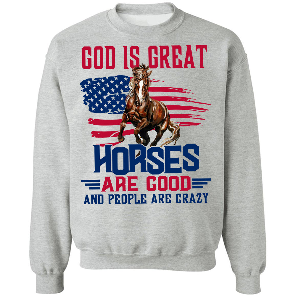 Running horse, US flag, God is great, Horses are good, People are crazy - Jesus Apparel