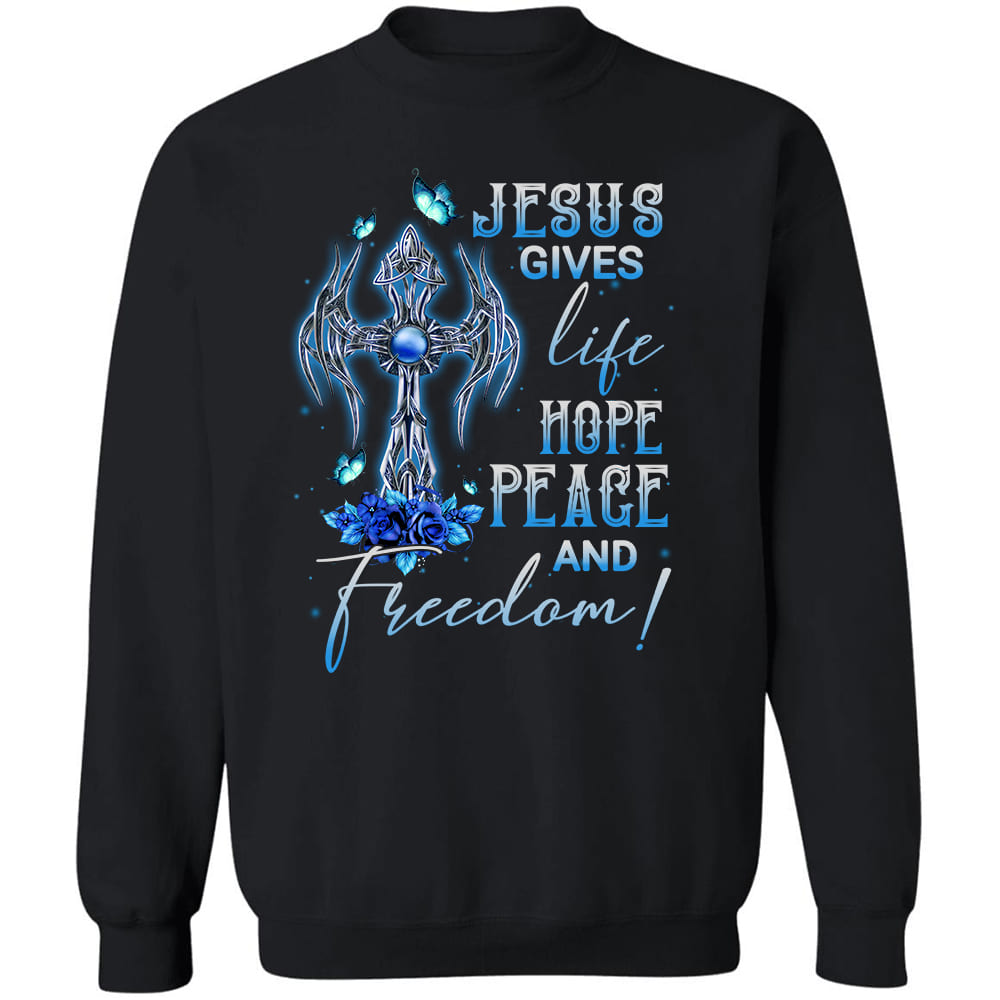 Cross symbol, Blue rose, Butterfly painting, Jesus gives life hope peace and freedom - Jesus Apparel