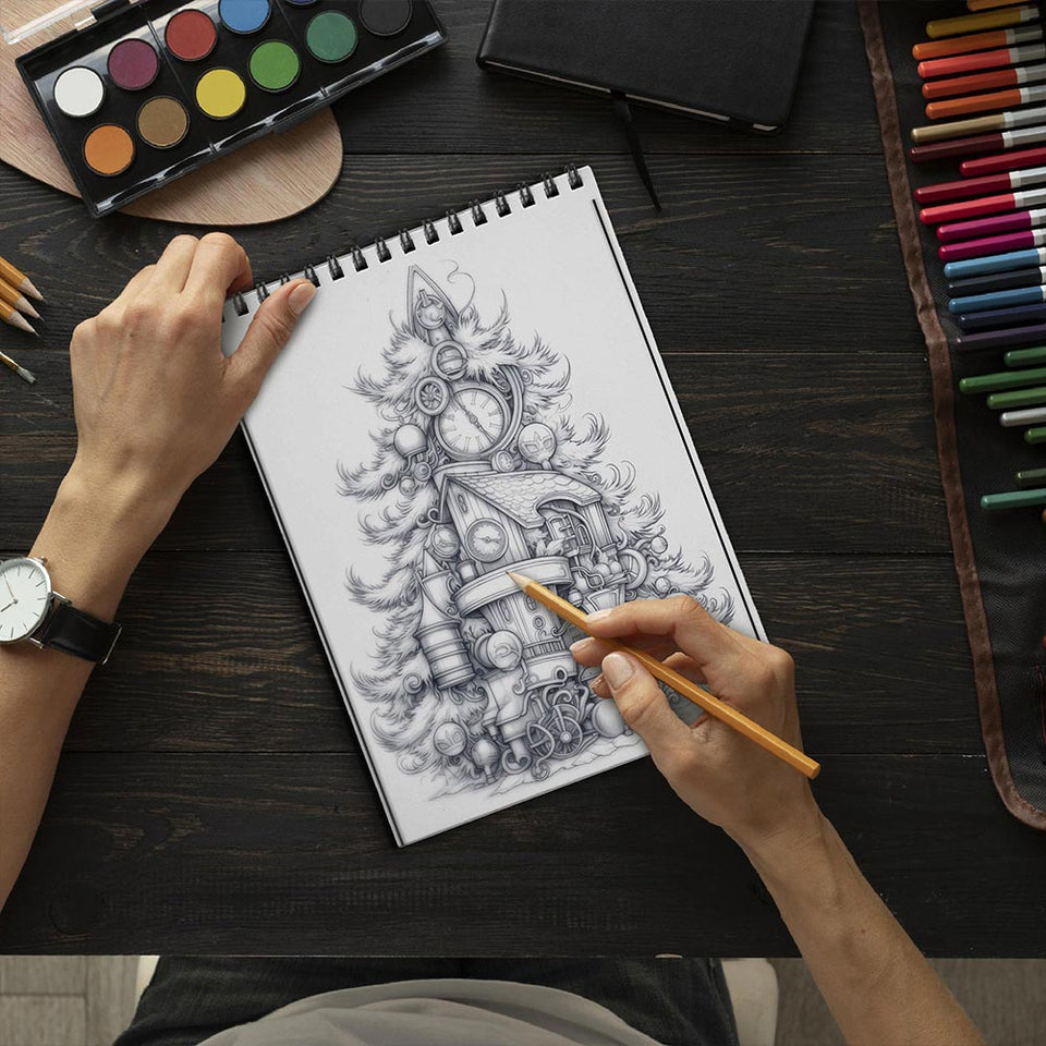 LBKHOUSE Steampunk Christmas Coloring Book Spiral Bound for Adults