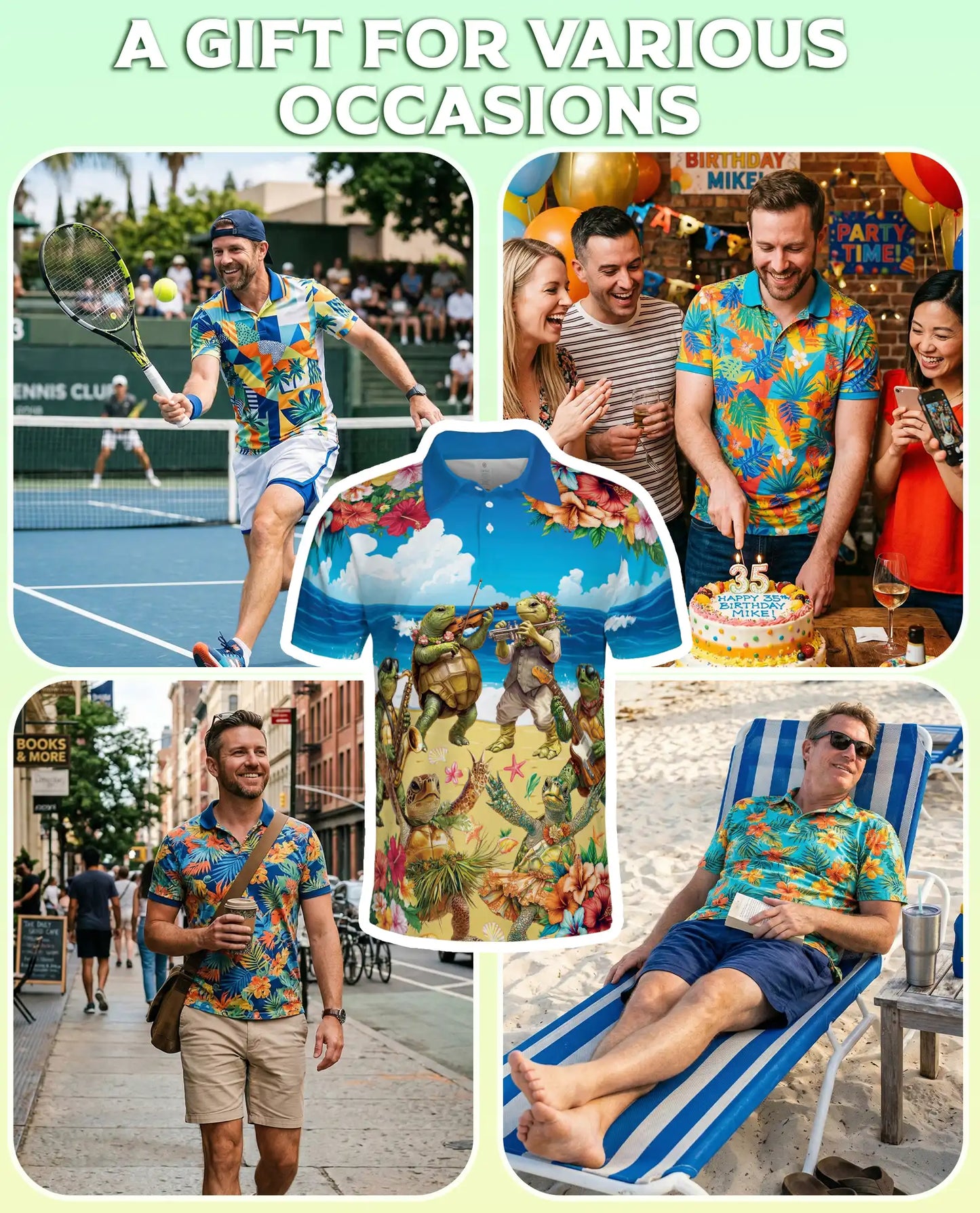 Funny Turtle Band 3D Polo Shirt for Men – Tropical Beach Party Style | Azhobbyshop