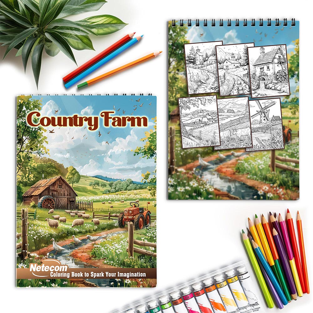 Netecom Country Farm Coloring Book for Adults, Spiral Bound, Soft Cover