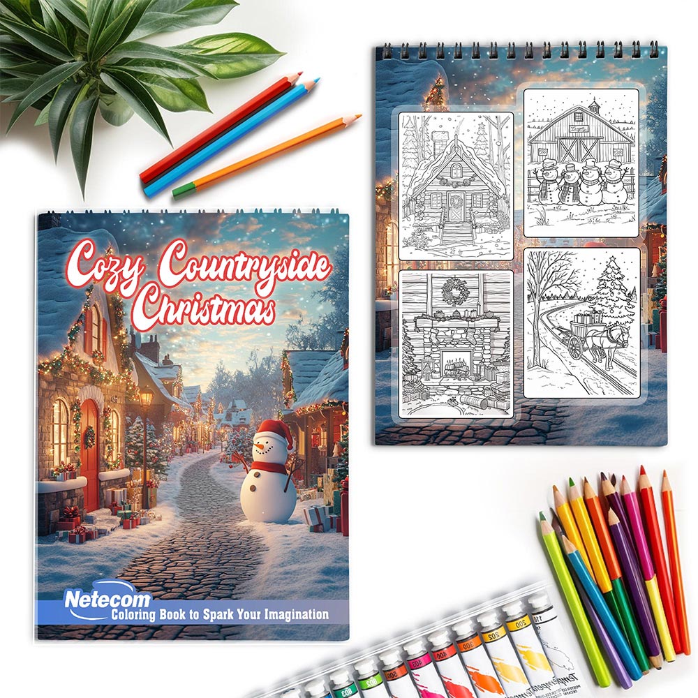 Netecom Cozy Countryside Christmas Spiral Coloring Book for Adult