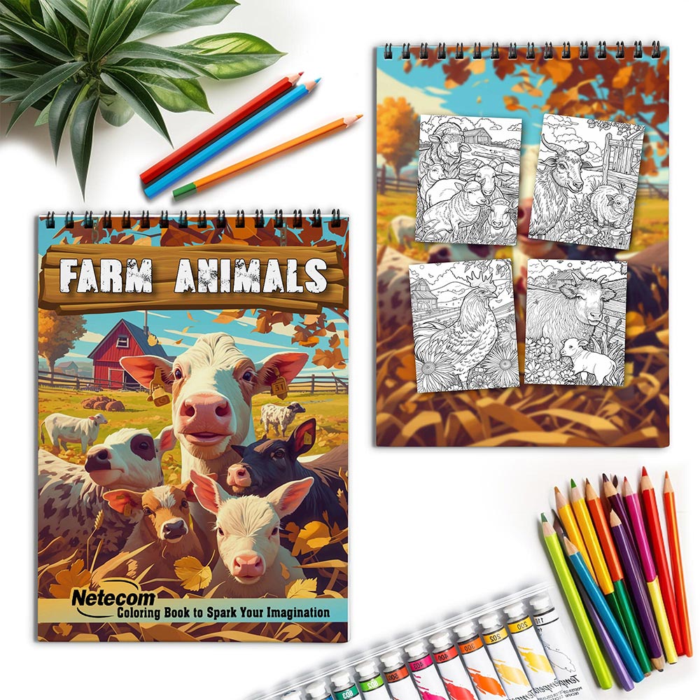 Netecom Farm Animals Spiral Coloring Book for Adulst