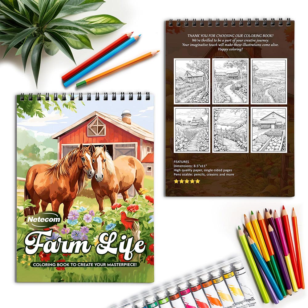 Netecom Farm Life Spiral Coloring Book for Adults