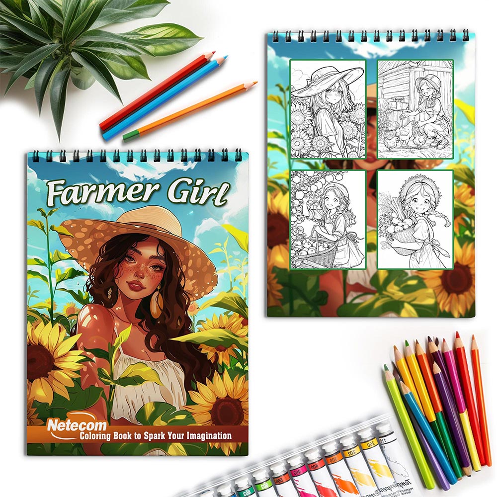 Netecom Farmer Girl Spiral Coloring Book for Adults