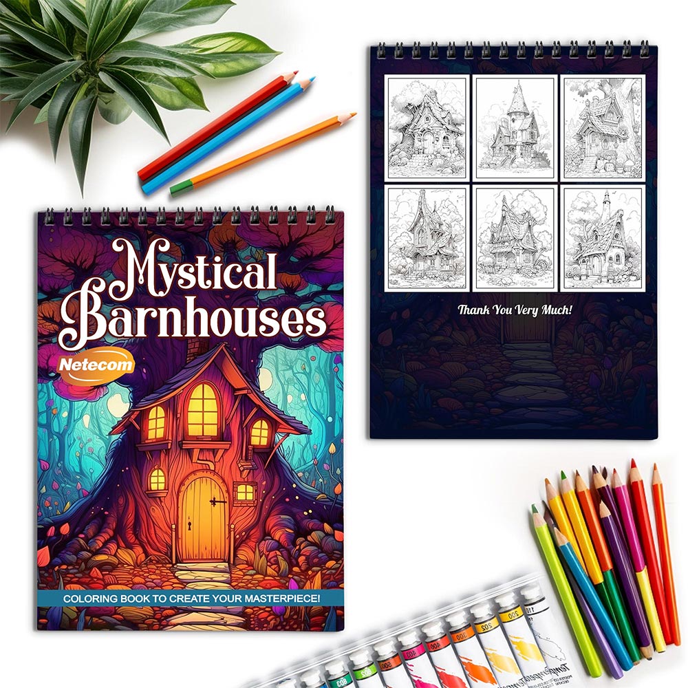 Netecom Mystical Barn houses Spiral Coloring Book for Adults