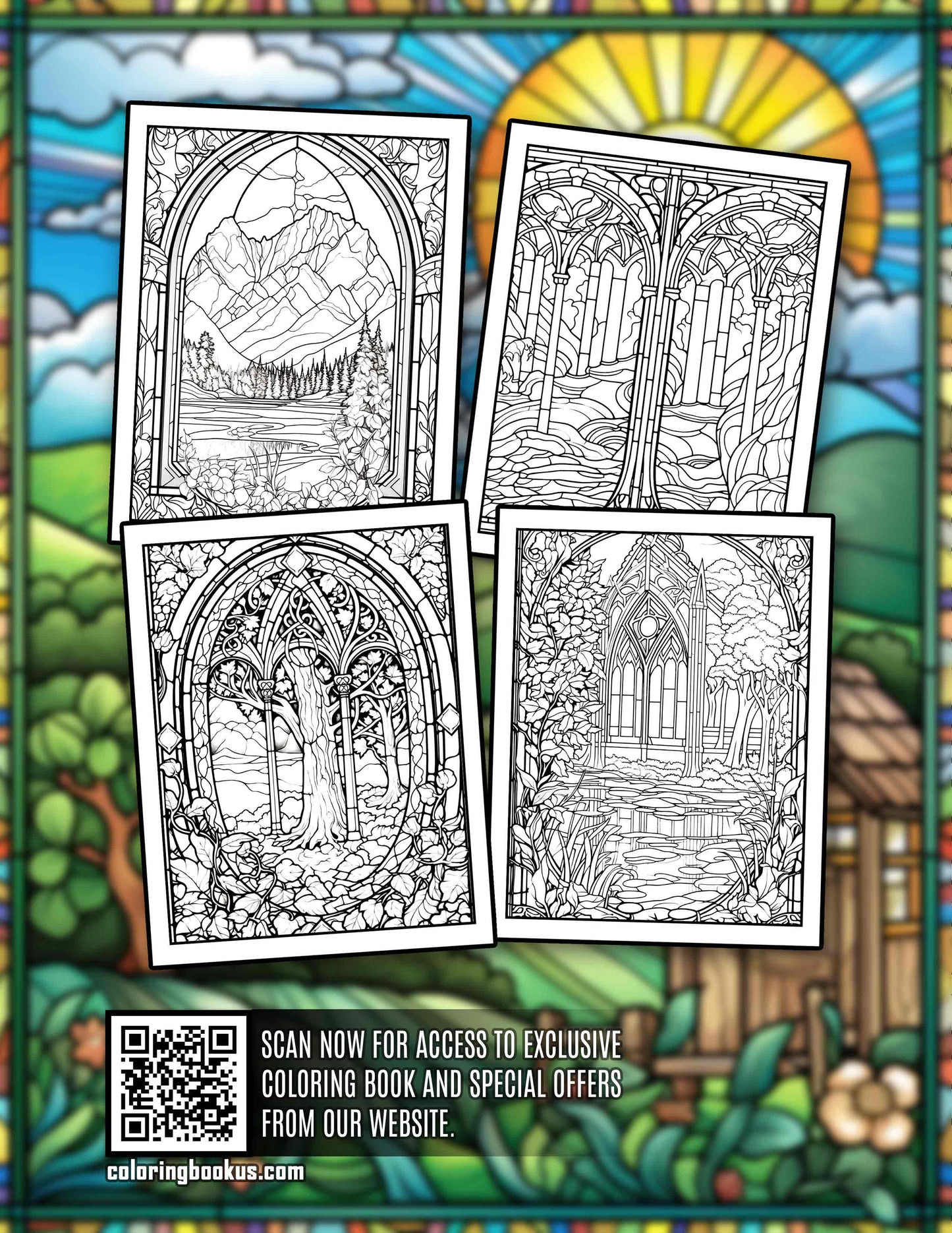 Stained Glass Landscape 30 Pages Printable Coloring Book