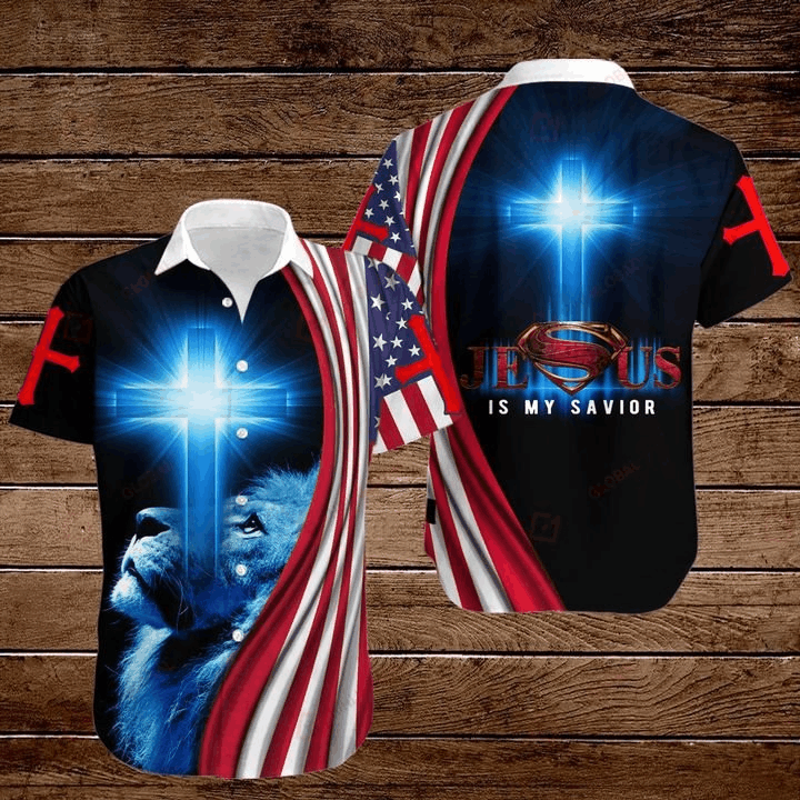 American 4th Of July Independence Day Flag Lion Cross Jesus Is My Savior Graphic Print Short Sleeve