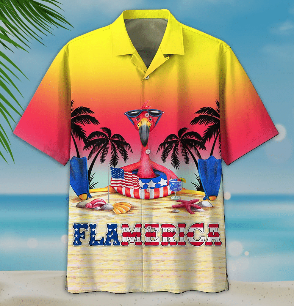 American Flag Flamingo Flamerica 1 Hawaiian Graphic Print Short Sleeve
