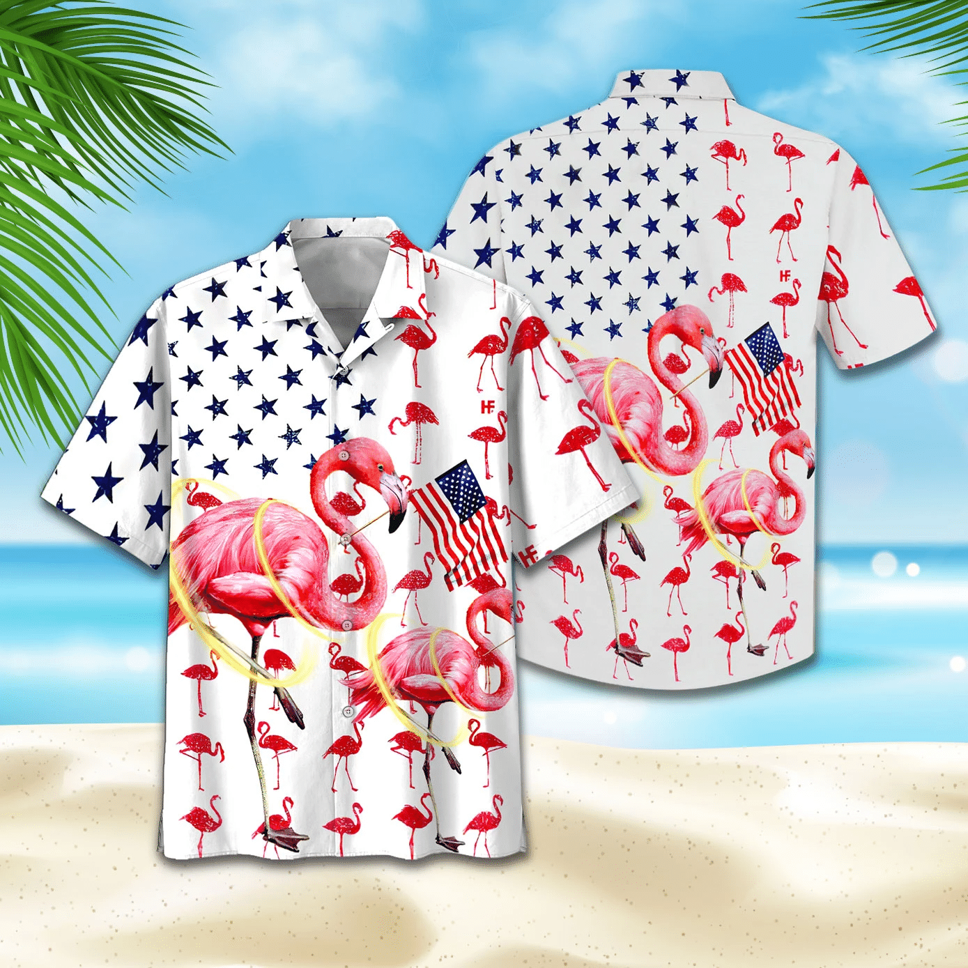 American Flag Flamingo Hawaiian Graphic Print Short Sleeve