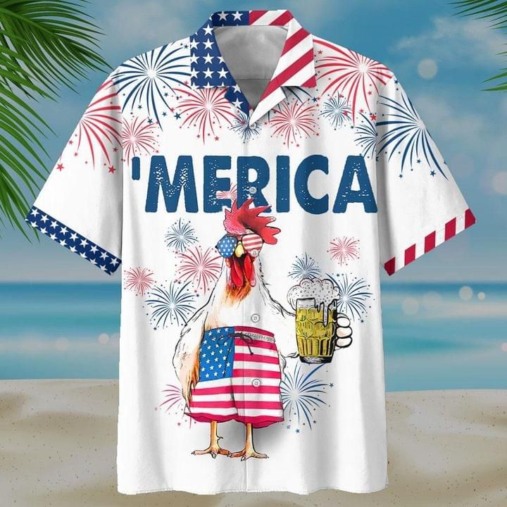American Flag Rooster Drink Beer Print Short Sleeve