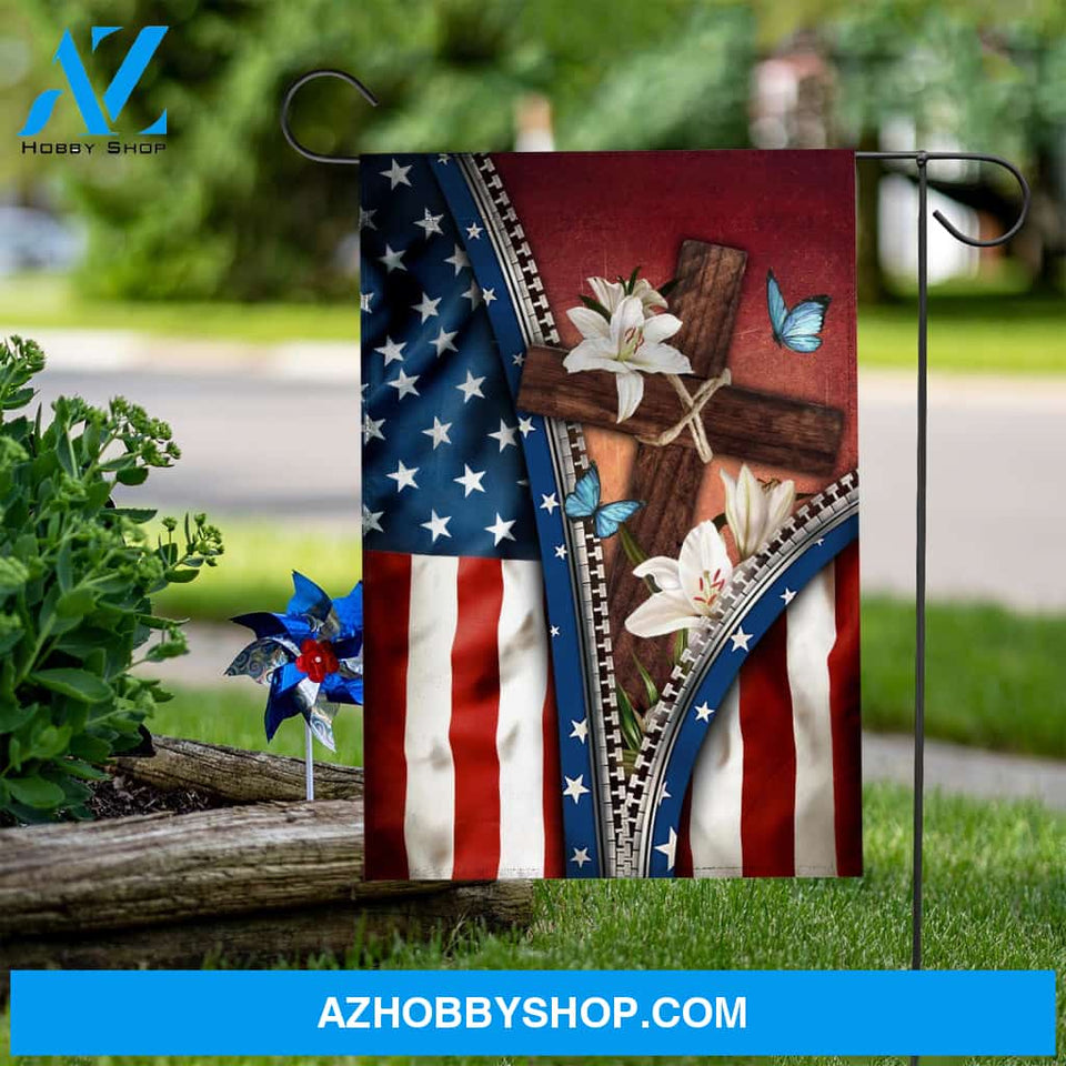 American flag, wooden cross and lily flowers - Jesus US Flag