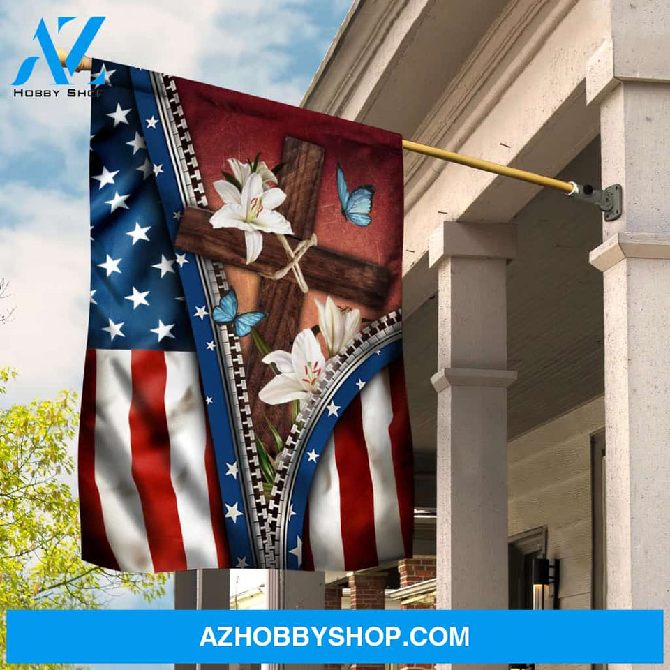 American flag, wooden cross and lily flowers - Jesus US Flag