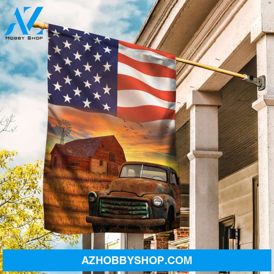 Antique ladybug car, Rice field, Big US flag, Old barn - Jesus Flag