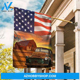 Antique ladybug car, Rice field, Big US flag, Old barn - Jesus Flag