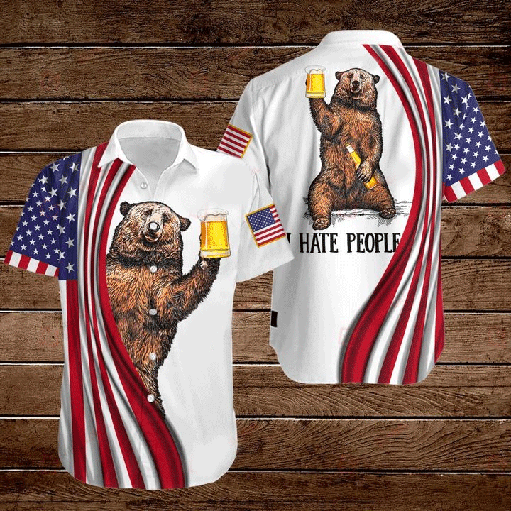 Bear And Beer American Flag 4th Of July Independence Day I Hate People Graphic Print Short Sleeve