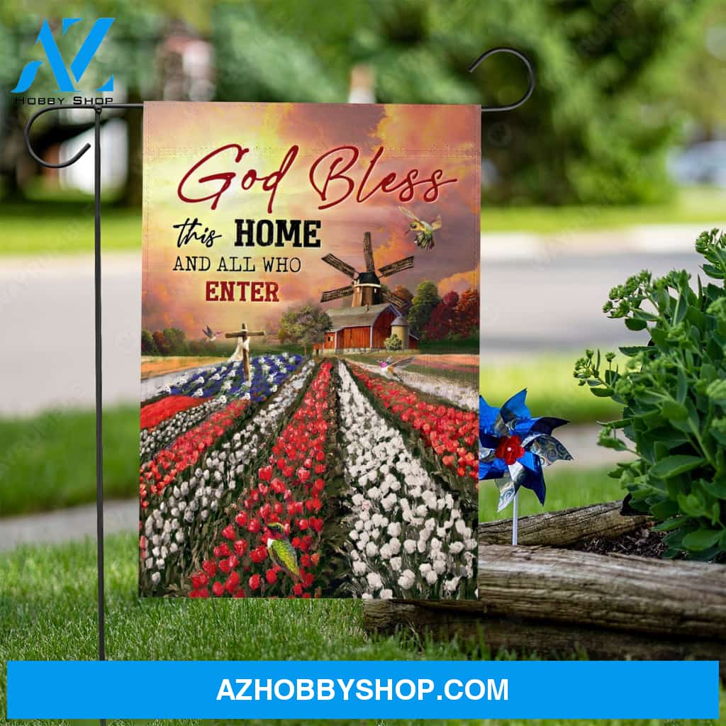 Brilliant tulip field, Orange sunset, Vintage house, God bless this home - Jesus Flag