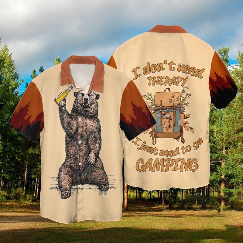 Camping The Bear With Wine I Don't Need Therapy I Just Need To Go Camping Graphic Print Short Sleeve