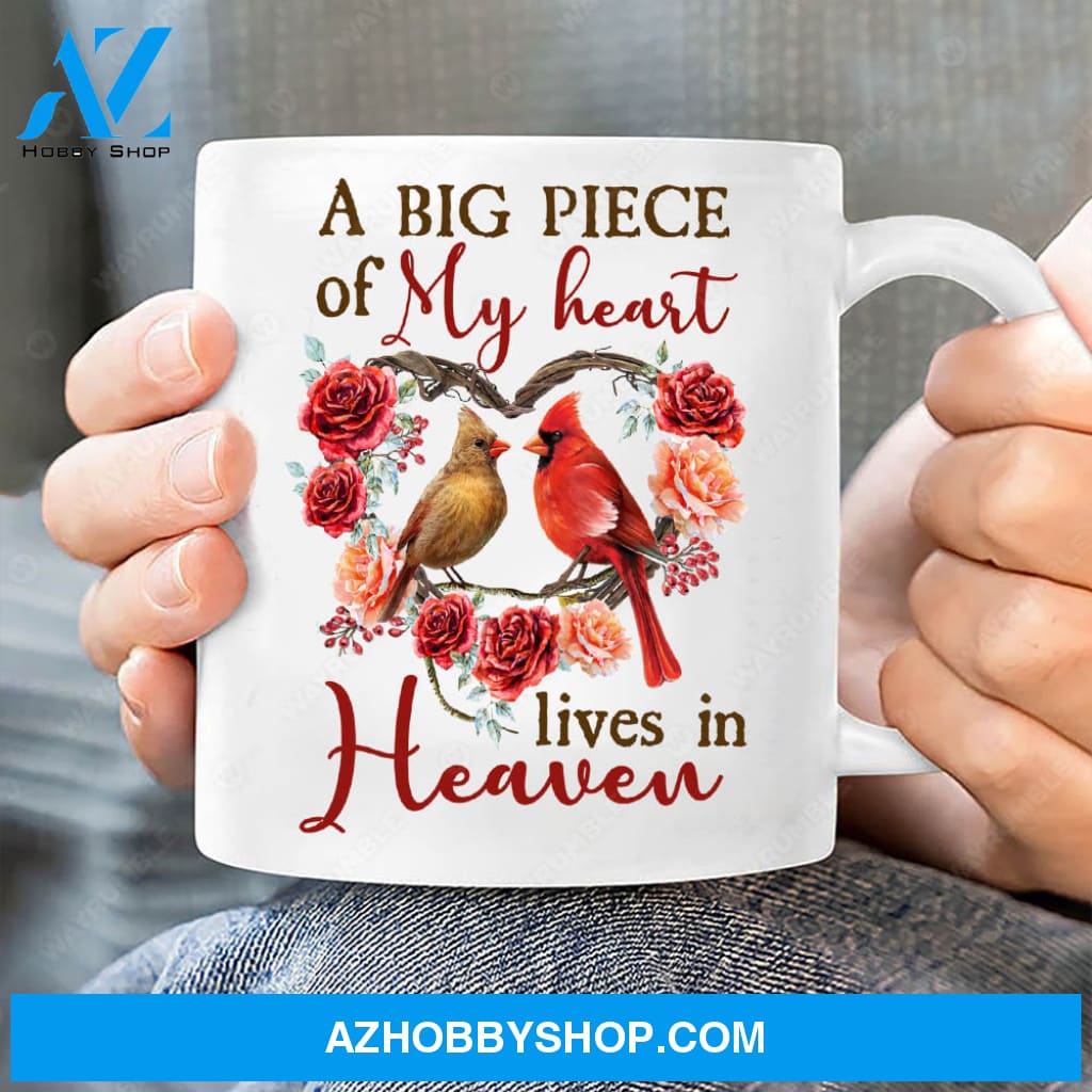 Cardinal couple, Rose flower wreath, A big piece of my heart lives in heaven - Heaven AOP Mug
