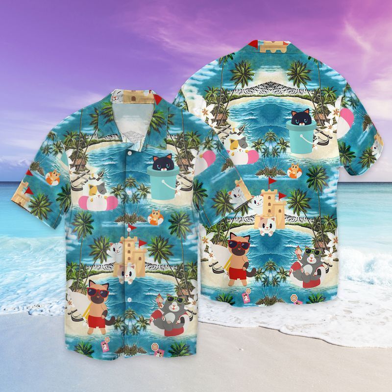 Cat Hawaii In The Beach Graphic Print Short Sleeve