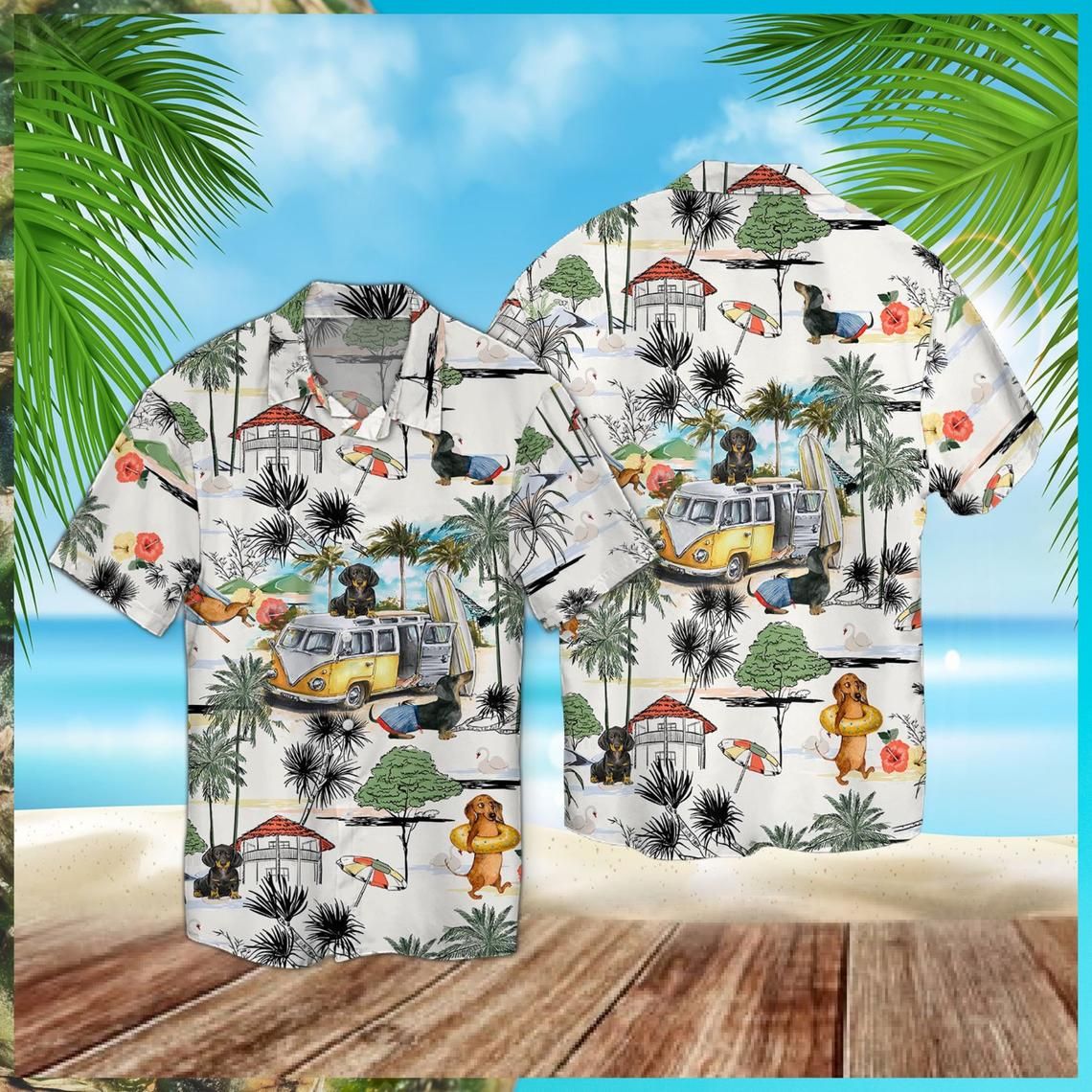 Dachshund Beach Retro Hawaiian Graphic Print Short Sleeve