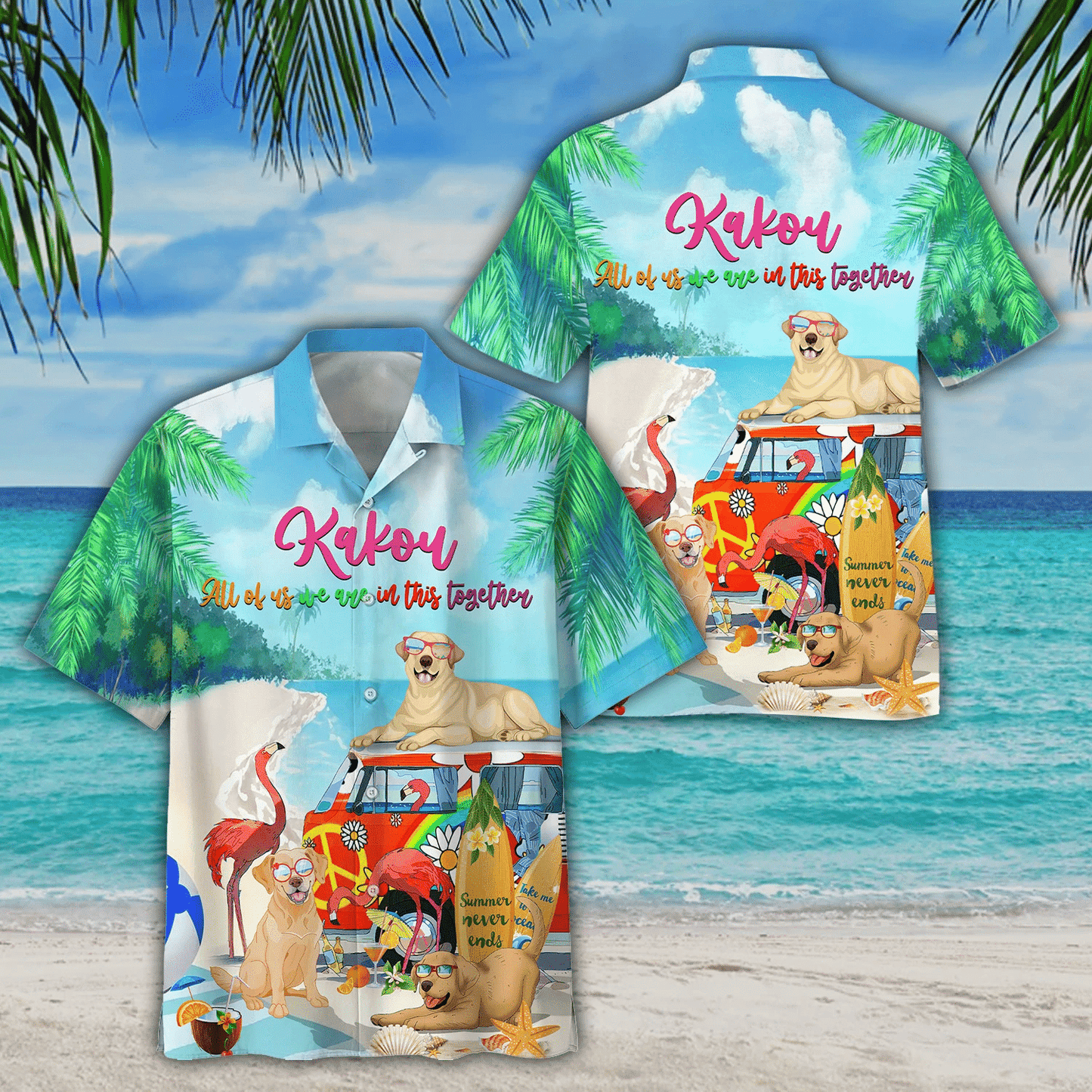 Flamingo And Dogs In The Beach Kakow All Of Us We In This Together Print Short Sleeve