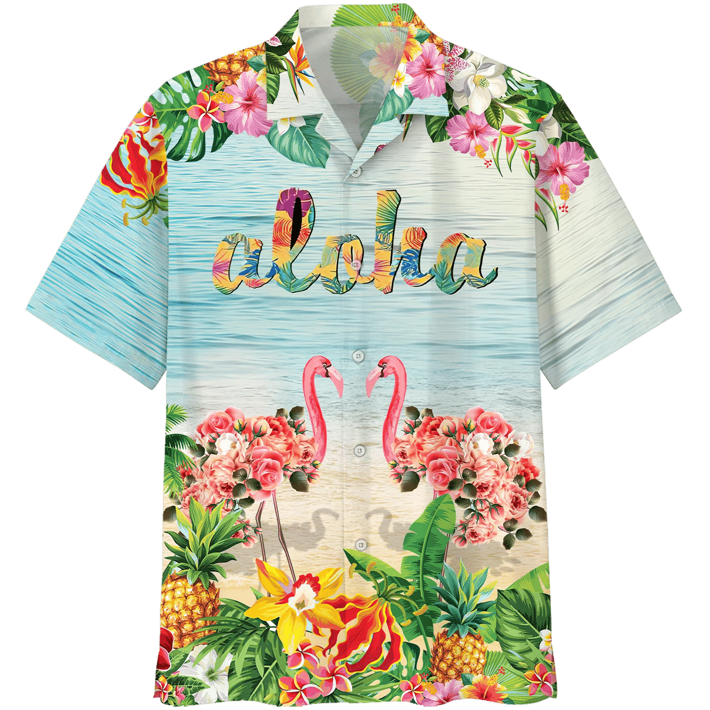 Flamingo Flowers Aloha Print Short Sleeve