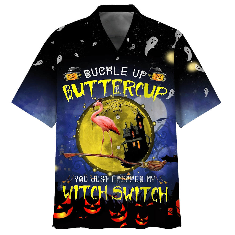 Flamingo Witch Halloween Buckle Up Buttercup You Just Flipped My Witch Switch Print Short Sleeve