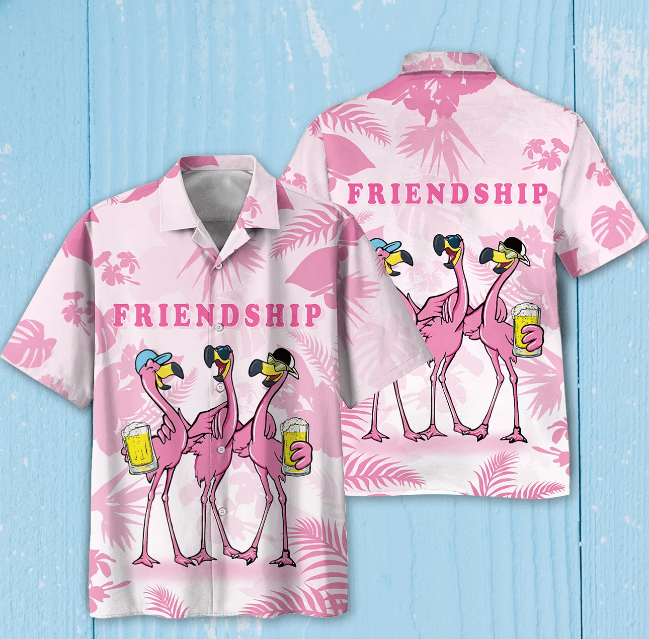 Flamingoes Drink Beer Friendship Print Short Sleeve