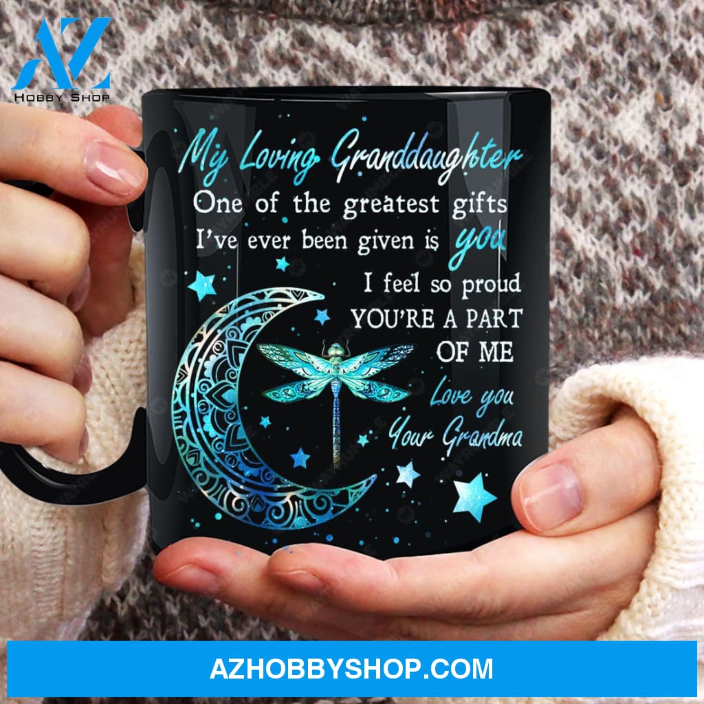 Grandma to granddaughter, Dragonfly drawing, Blue moon, I feel so proud you are a part of me - Family Black Mug