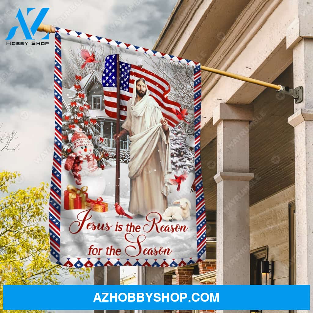Happy Christmas, Snowman, Amazing US flag, Jesus is the reason for the season - Jesus Flag
