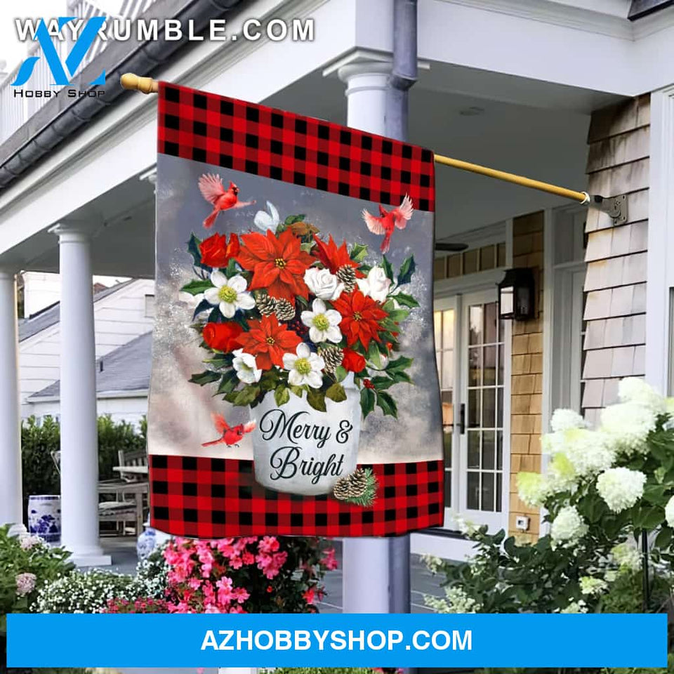 Jesus - Artificial flower and cardinal in flag - Merry and bright - Flag