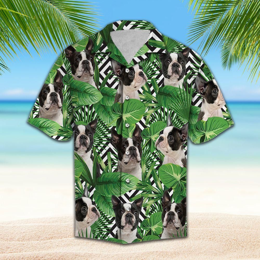 Summer Exotic Jungle Tropical Boston Terrier Green Unique Design Hawaiian Shirt