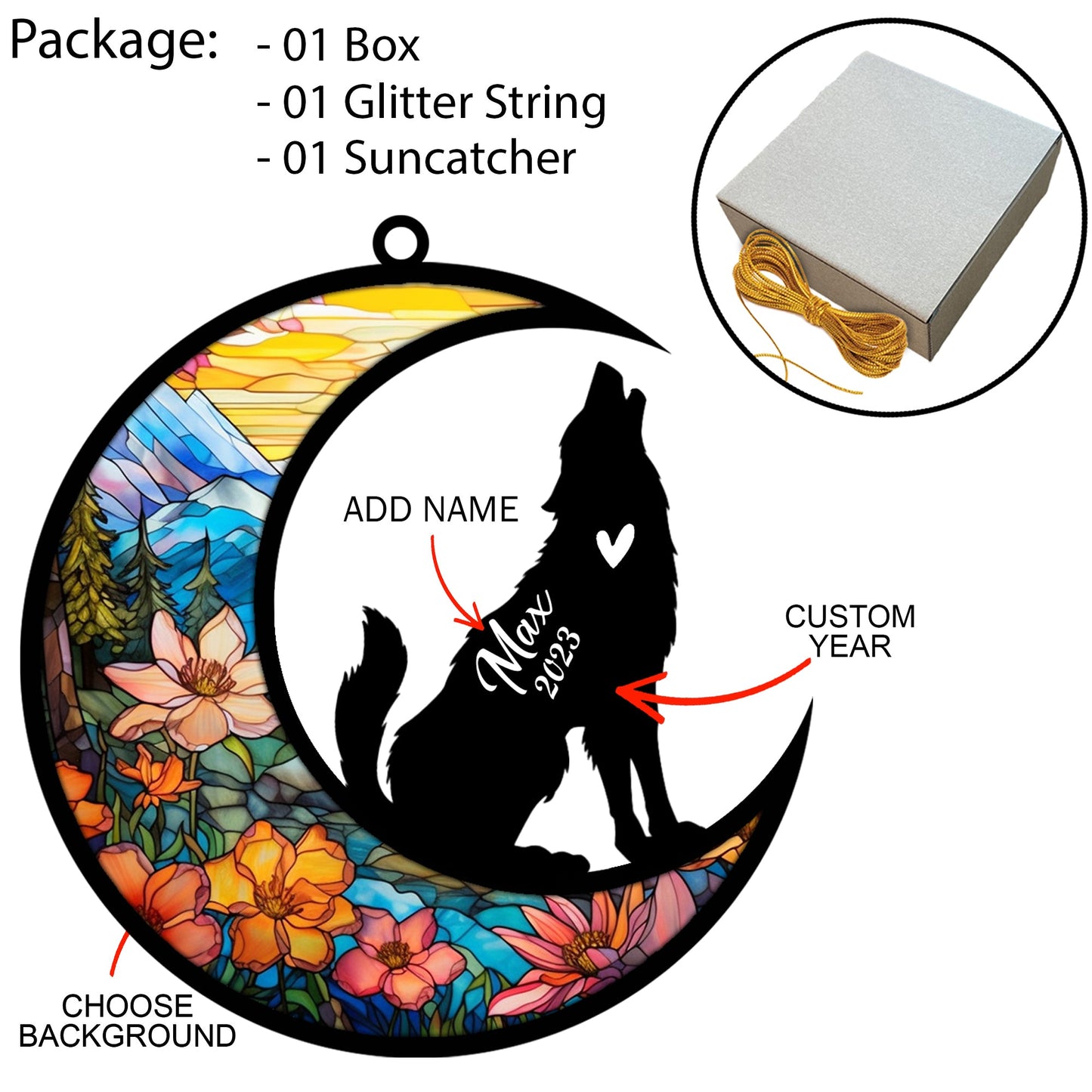 Custom Wolf Memorial Suncatcher Ornament Decoration, Wolf Light Catcher Car Windows Hangings, Bereavement Wolf Loss Gift Personalized with Name Suncatcher Memorial Gifts for Wolf Lovers