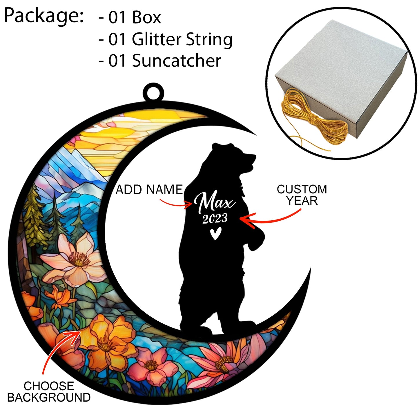 Custom Bear Memorial Suncatcher, Bereavement Gift for Bear Christmas Ornament with Name, Pet Loss Gifts for Bear Hanging Decor, Bear Lover Gifts Loss of Bear Sympathy Gift