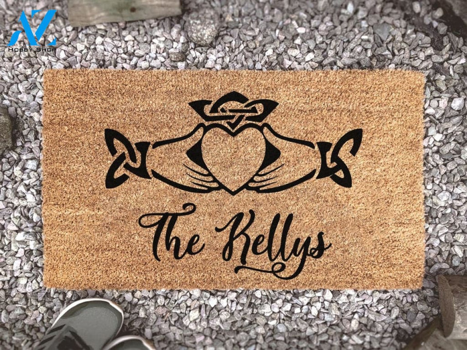 Personalized Home Door Mat Customised Family Name Irish Claddagh Doormat - Outdoor Rug - New Home Gift - Realtor Gift -