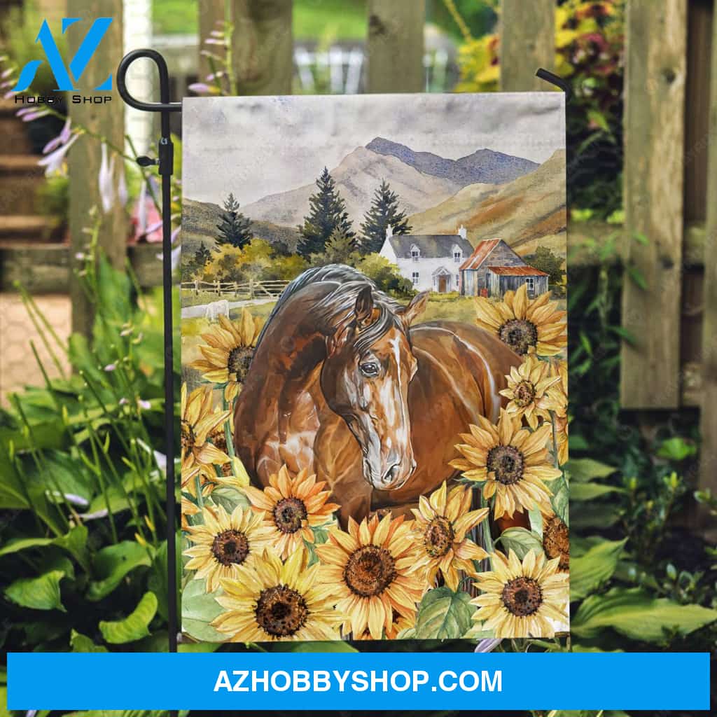 Sunflower field, Brown horse, Beautiful village, Blue mountain - Jesus Flag