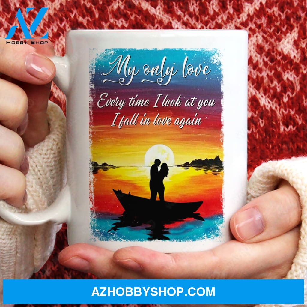 Sunset on the sea, Couple silhouette, Every time I look at you, I fall in love again - Couple White Mug