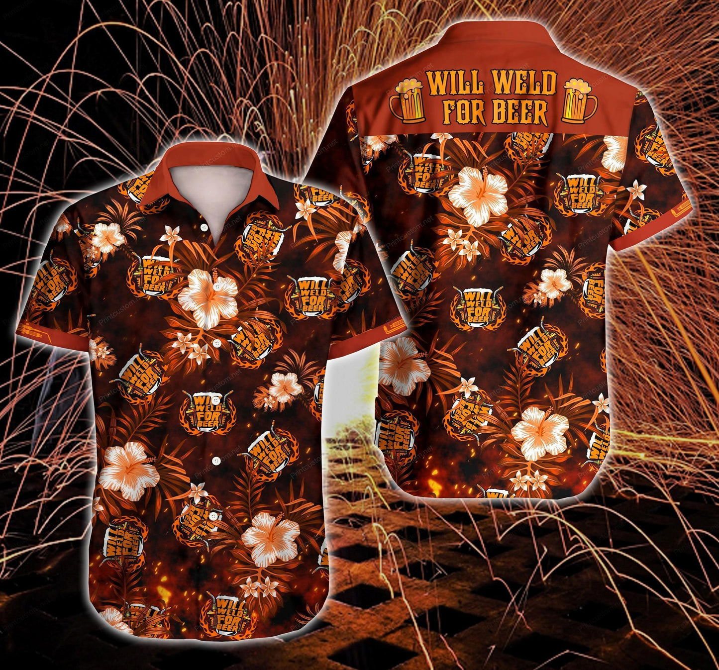 Welder Will Weld For Beer Hawaiian Graphic Print Short Sleeve