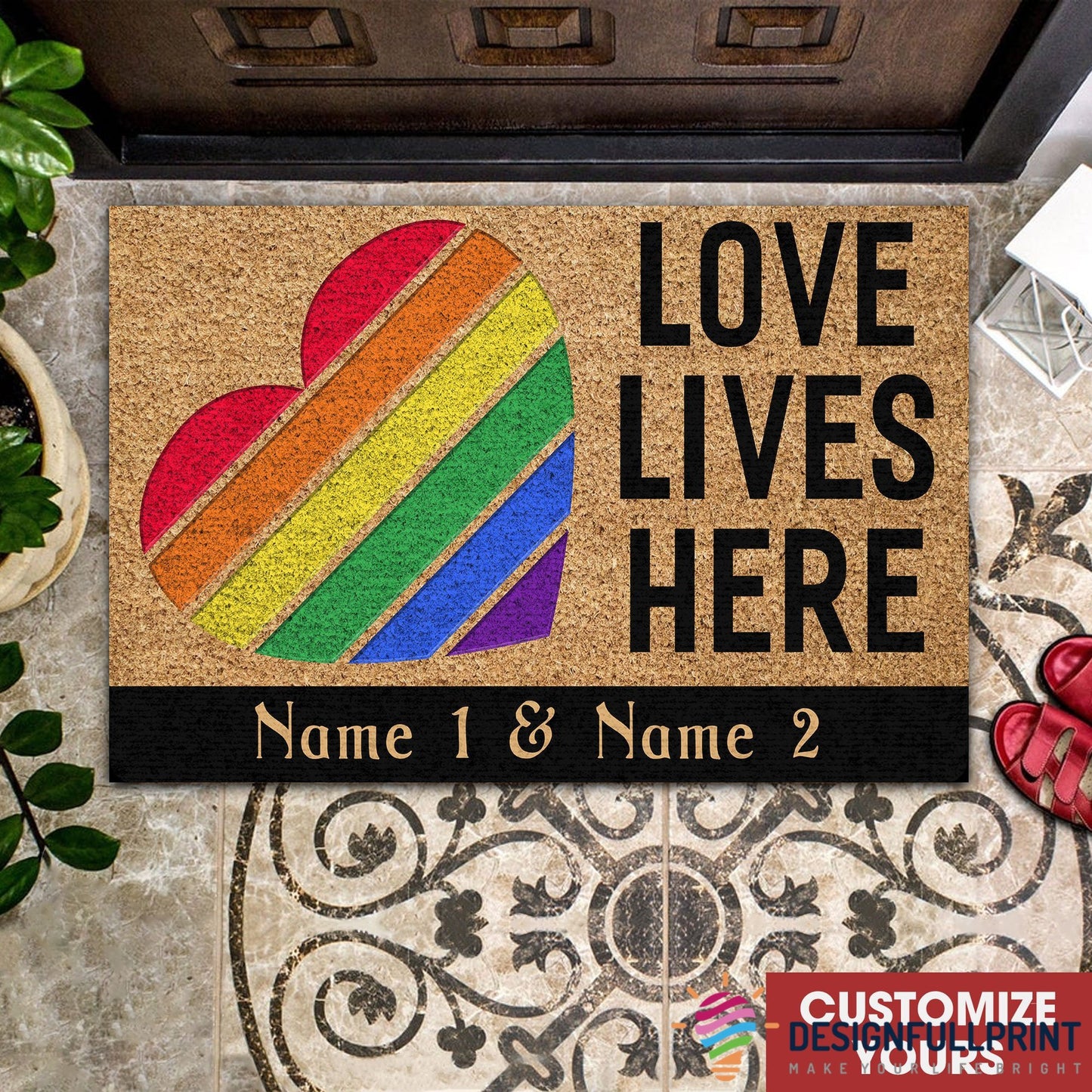 LGBT Pride Gift Idea LGBT Pride Love Lives Here Personalized Non-Slip Rubber Backing Doormat Or Coir Doormat NHD