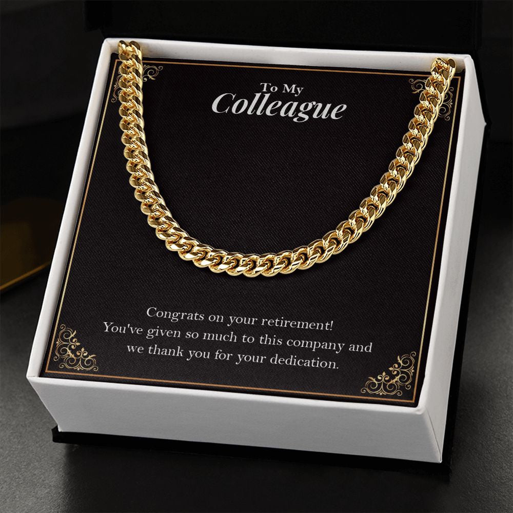 "Thank You For Your Dedication" Colleague Retirement Necklace Gift From Co-worker Cuban Link Chain Jewelry Box