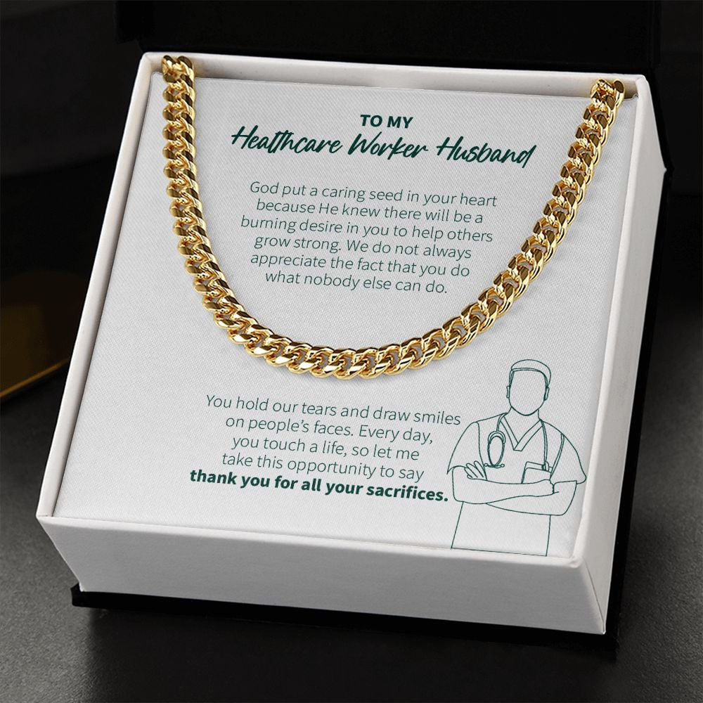 "Caring Seed In Your Heart" Healthcare Worker Husband Necklace Gift From Wife Cuban Link Chain Jewelry Box Thanksgiving Birthday Christmas