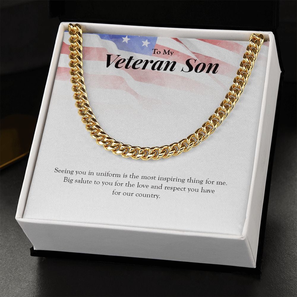 "Big Salute To You" Veteran Son Necklace Gift From Dad Mom Cuban Link Chain Jewelry Box Deployment Veterans Day Thanksgiving
