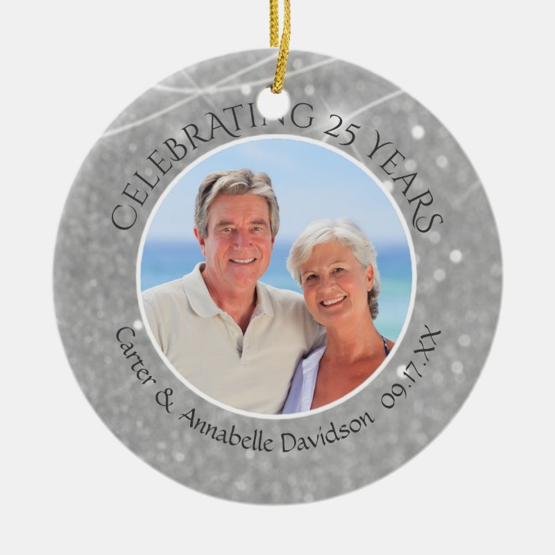 25Th Anniversary Silver Sparkle Two Photo Ceramic Ornament