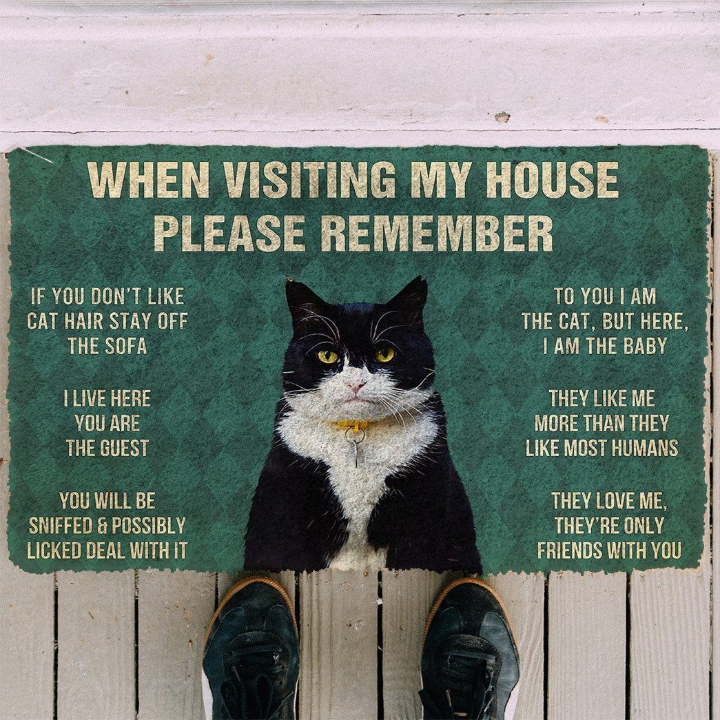 3D Please Remember Tuxedo Cat House Rules Doormat