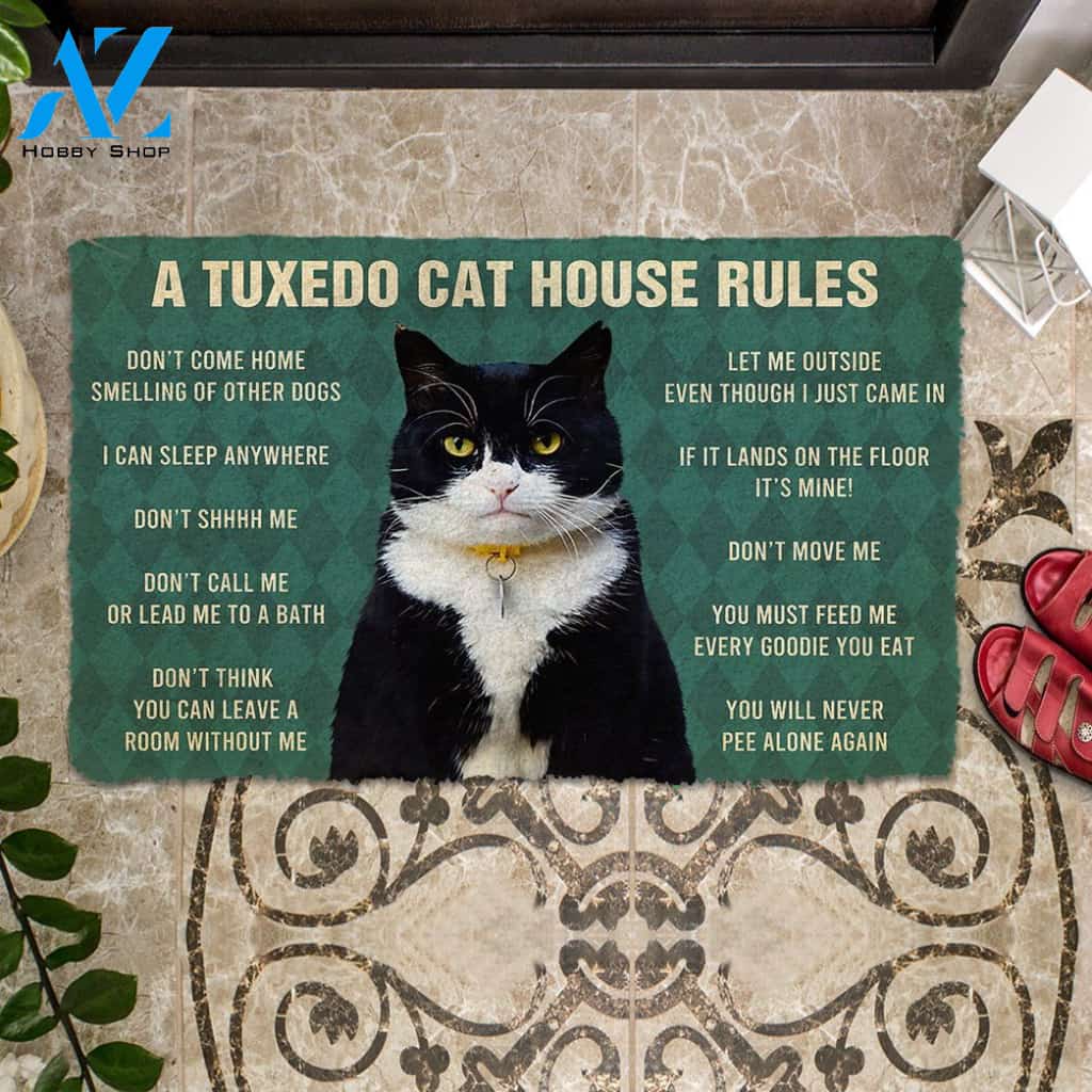 3D House Rules Tuxedo Cat Doormat | Welcome Mat | House Warming Gift