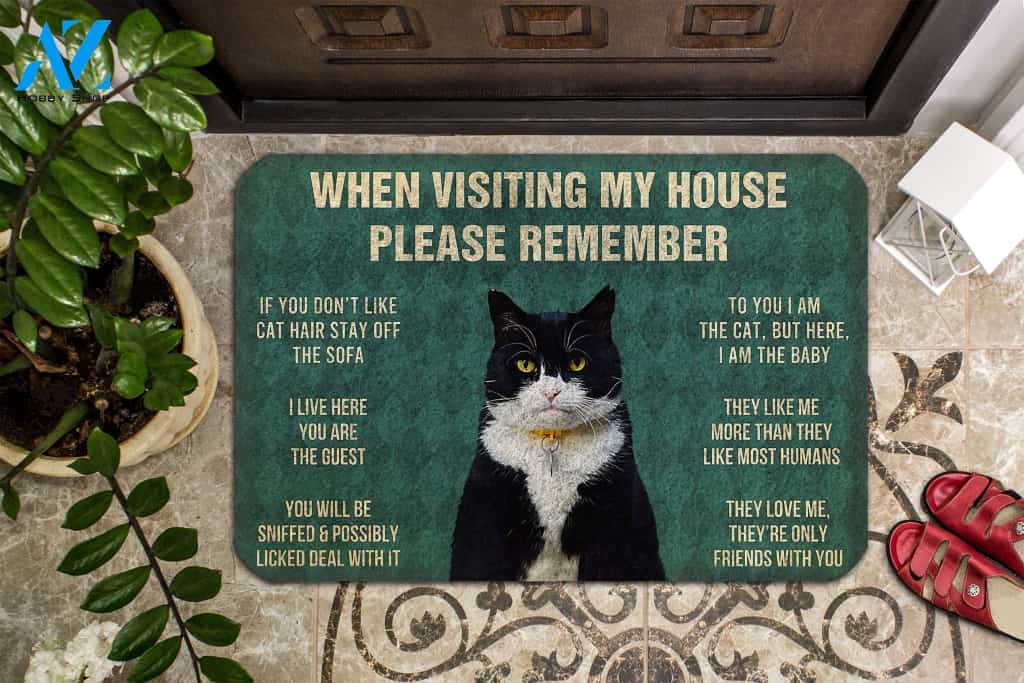 3D Please Remember Tuxedo Cat House Rules Doormat